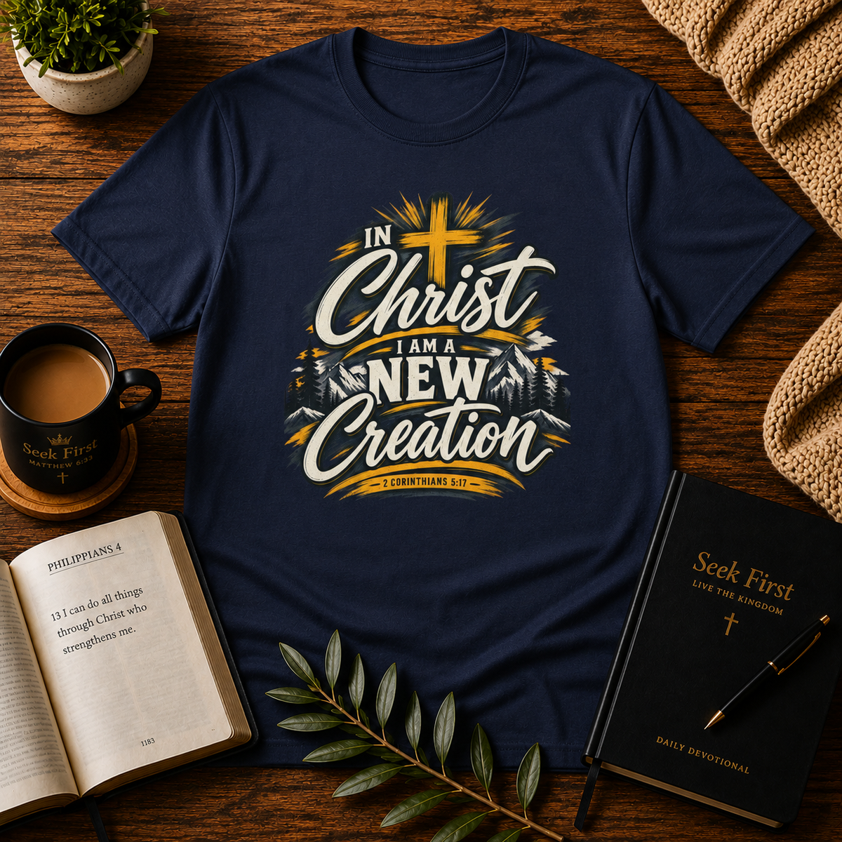 In Christ I Am a New Creation Christian T-shirt in Navy featuring 2 Corinthians 5:17