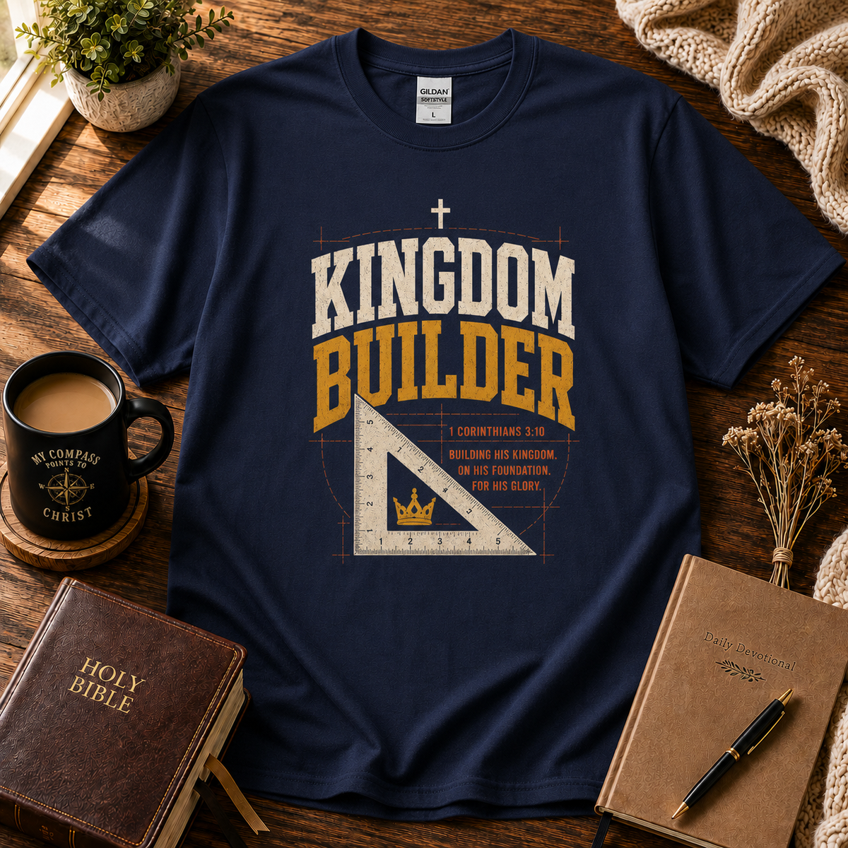 Kingdom Builder 1 Corinthians 3:10 navy Christian T-shirt premium Seek First flat-lay