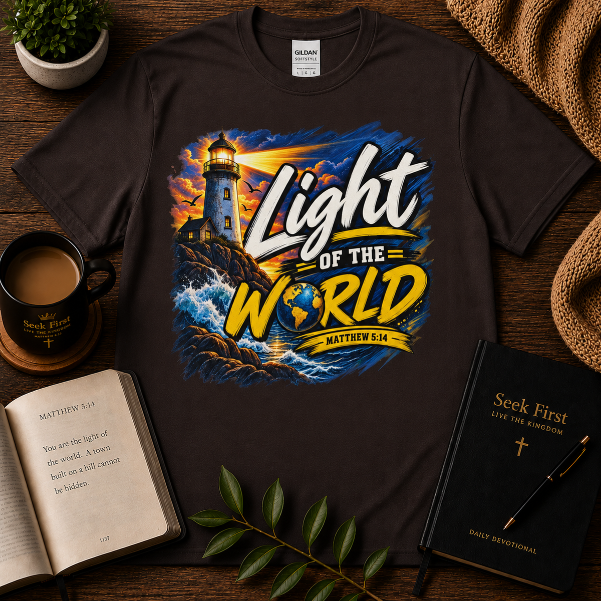 Light of the World Matthew 5:14 Christian T-shirt in Dark Chocolate