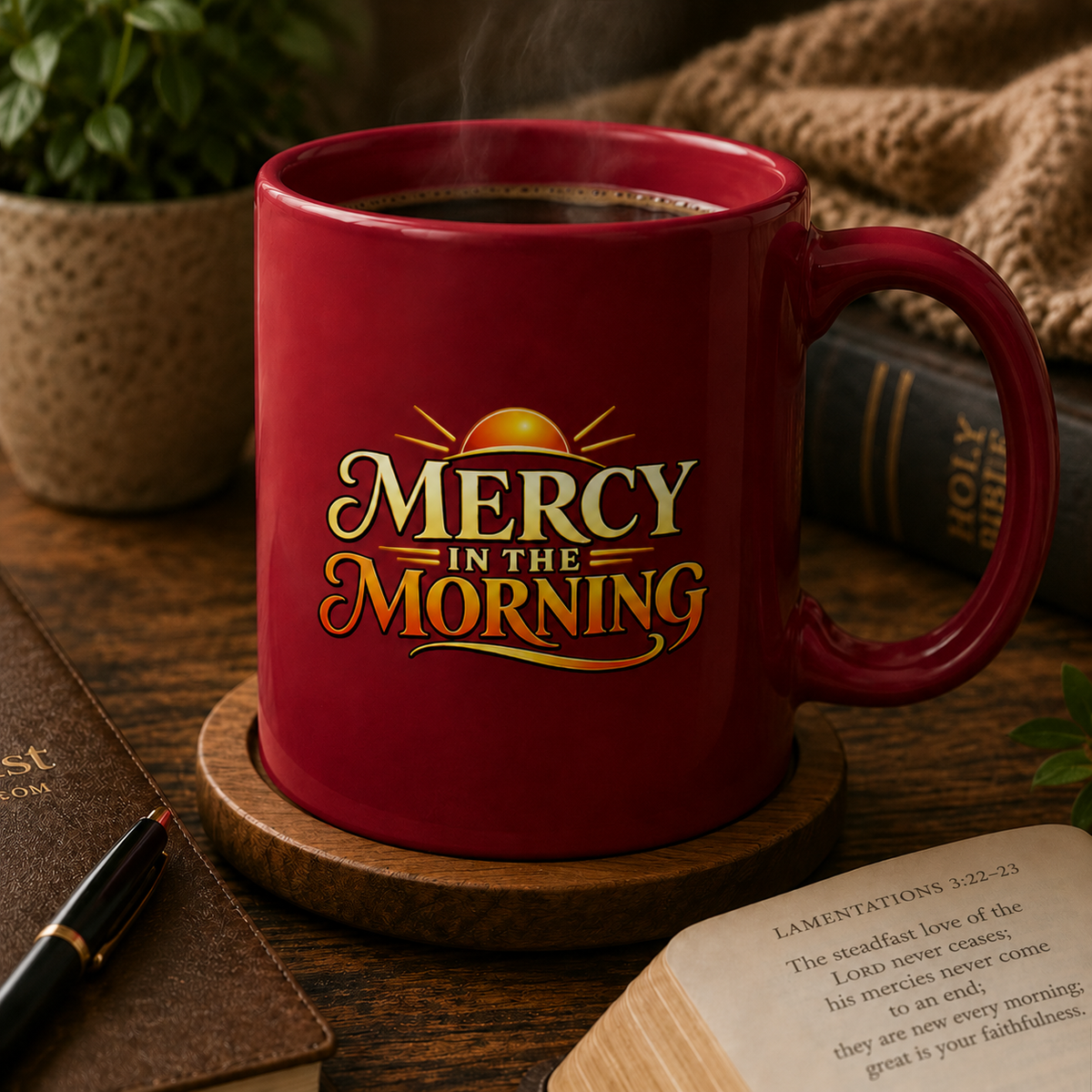 Burgundy Mercy in the Morning Christian mug beside an open Bible at Lamentations 3:22–23