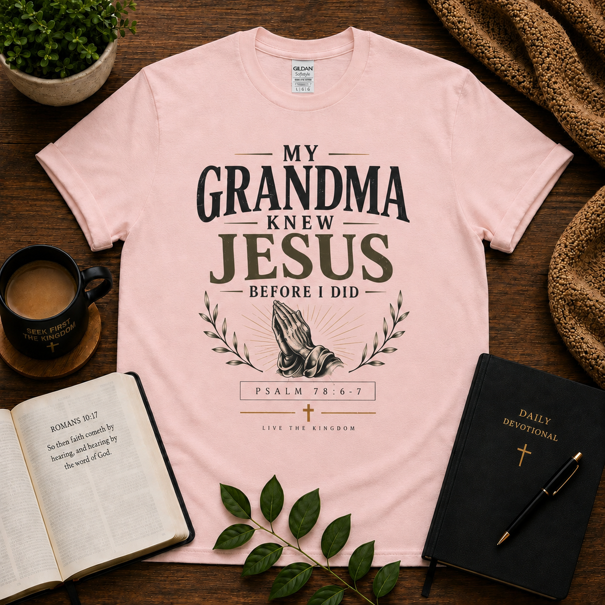 My Grandma Knew Jesus Before I Did Christian T-shirt in Light Pink with praying hands design