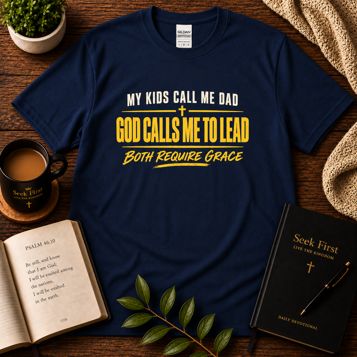 My Kids Call Me Dad, God Calls Me to Lead Christian T-Shirt in Navy – Seek First