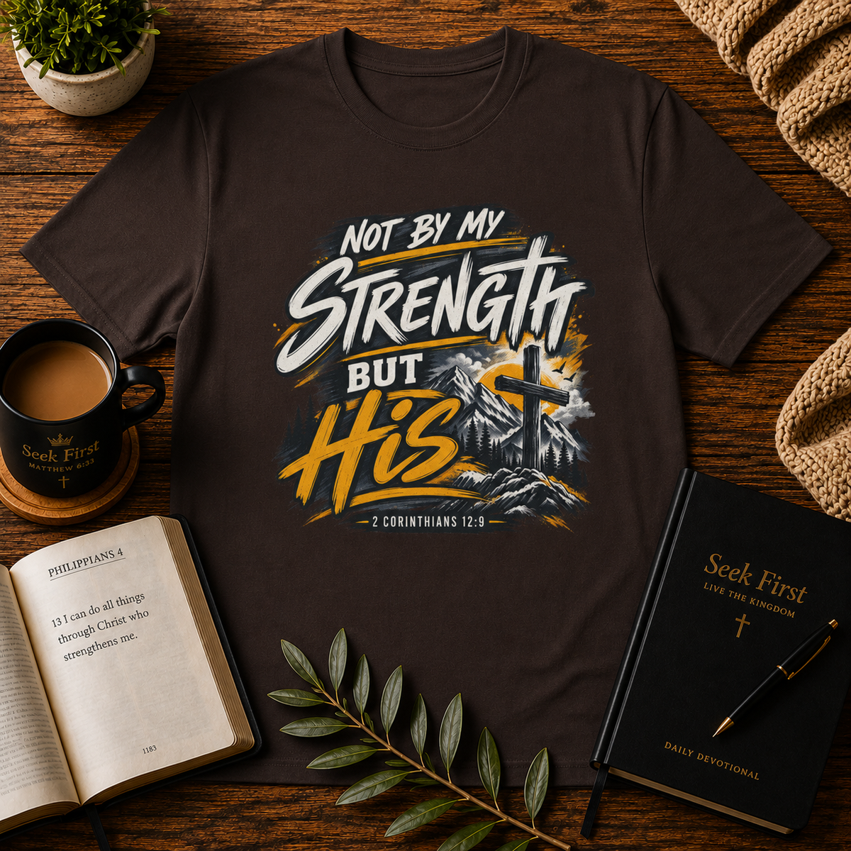 Not By My Strength But His Christian T-shirt in Dark Chocolate featuring 2 Corinthians 12:9