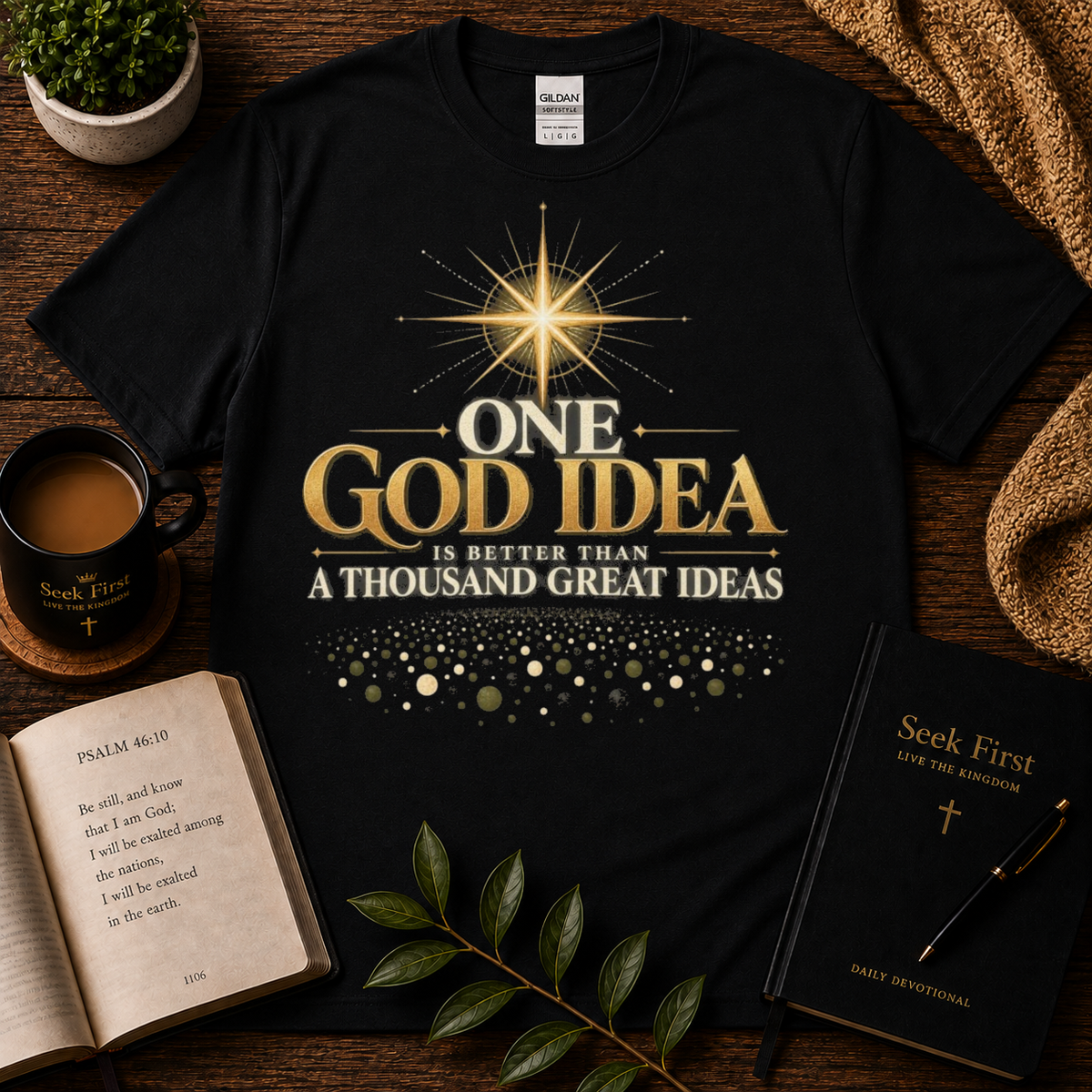 One God Idea Christian T-Shirt — premium Seek First hero image