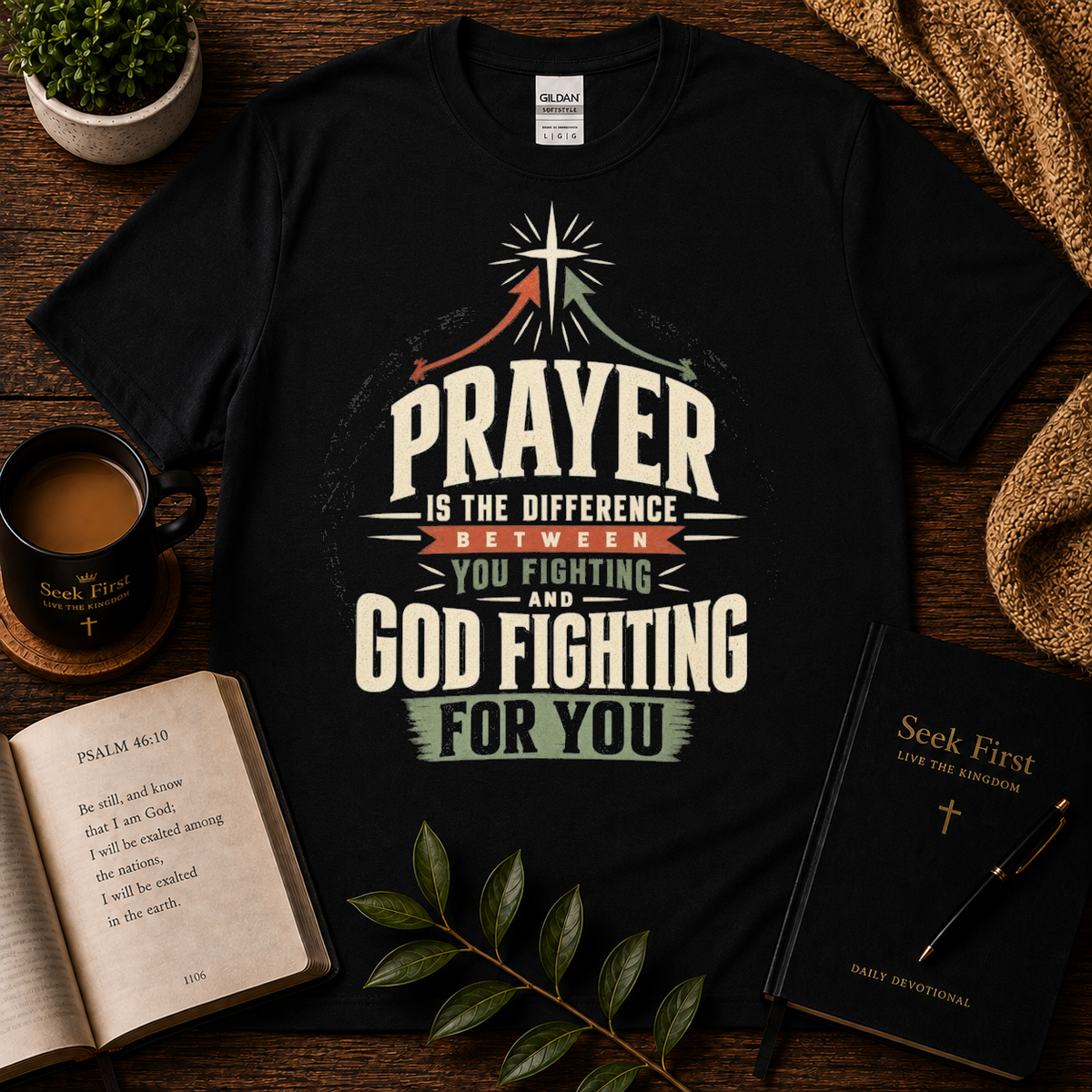 Prayer Is the Difference Christian T-Shirt — premium Seek First hero image