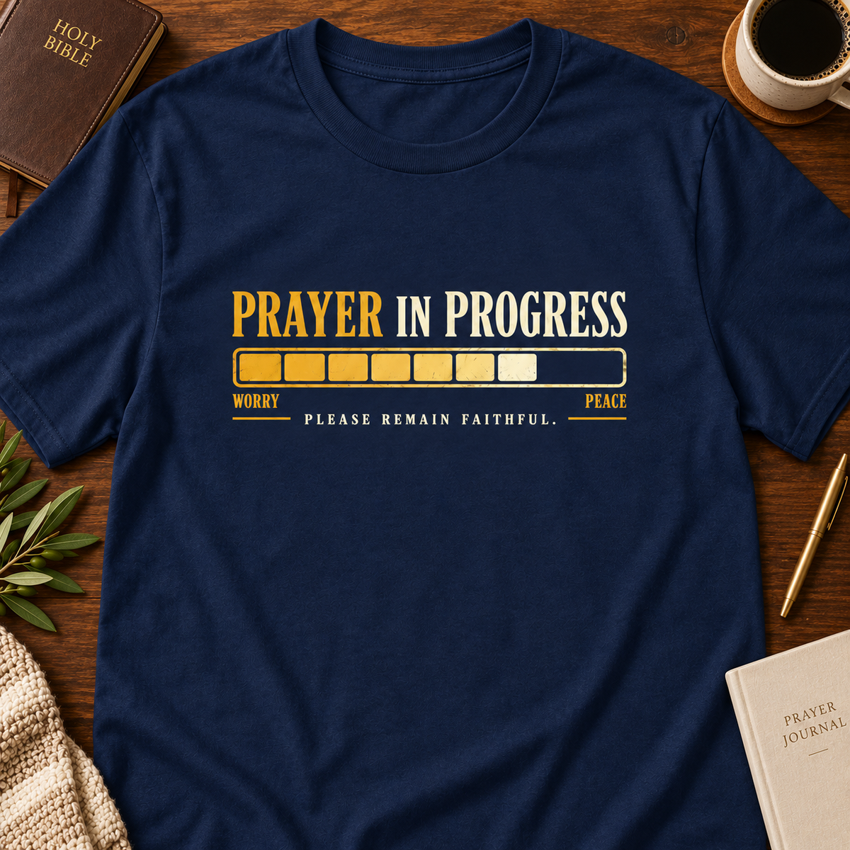 Prayer in Progress Christian T-Shirt in navy with worry to peace progress design