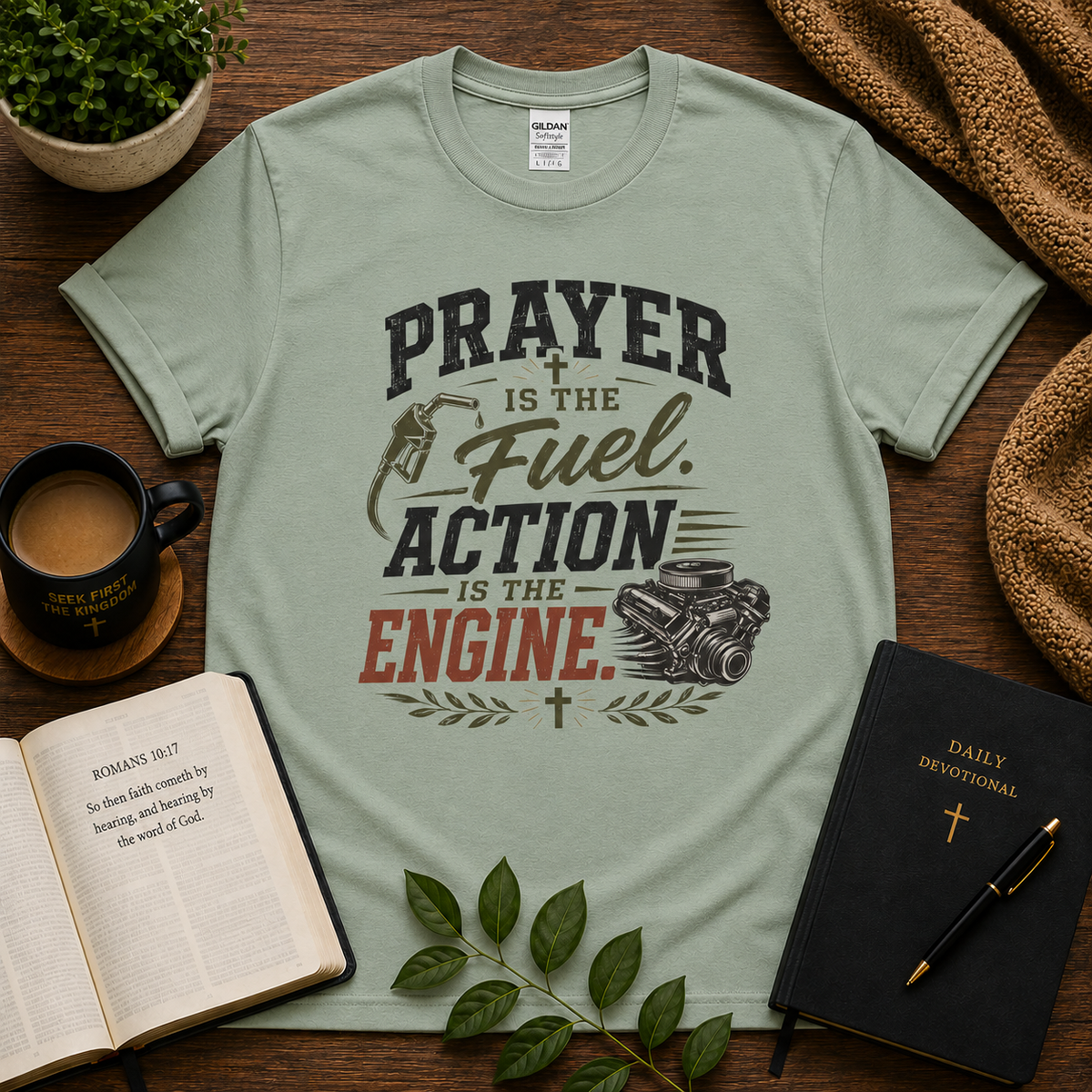 Prayer Is the Fuel Action Is the Engine Christian T-shirt lifestyle hero image