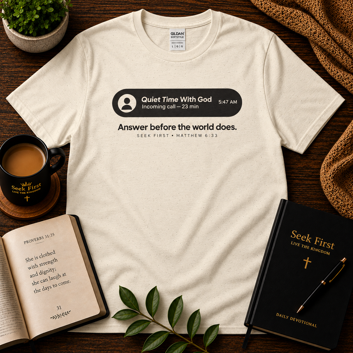 Natural Quiet Time 5:47 AM Christian T-shirt on a dark devotional flat lay