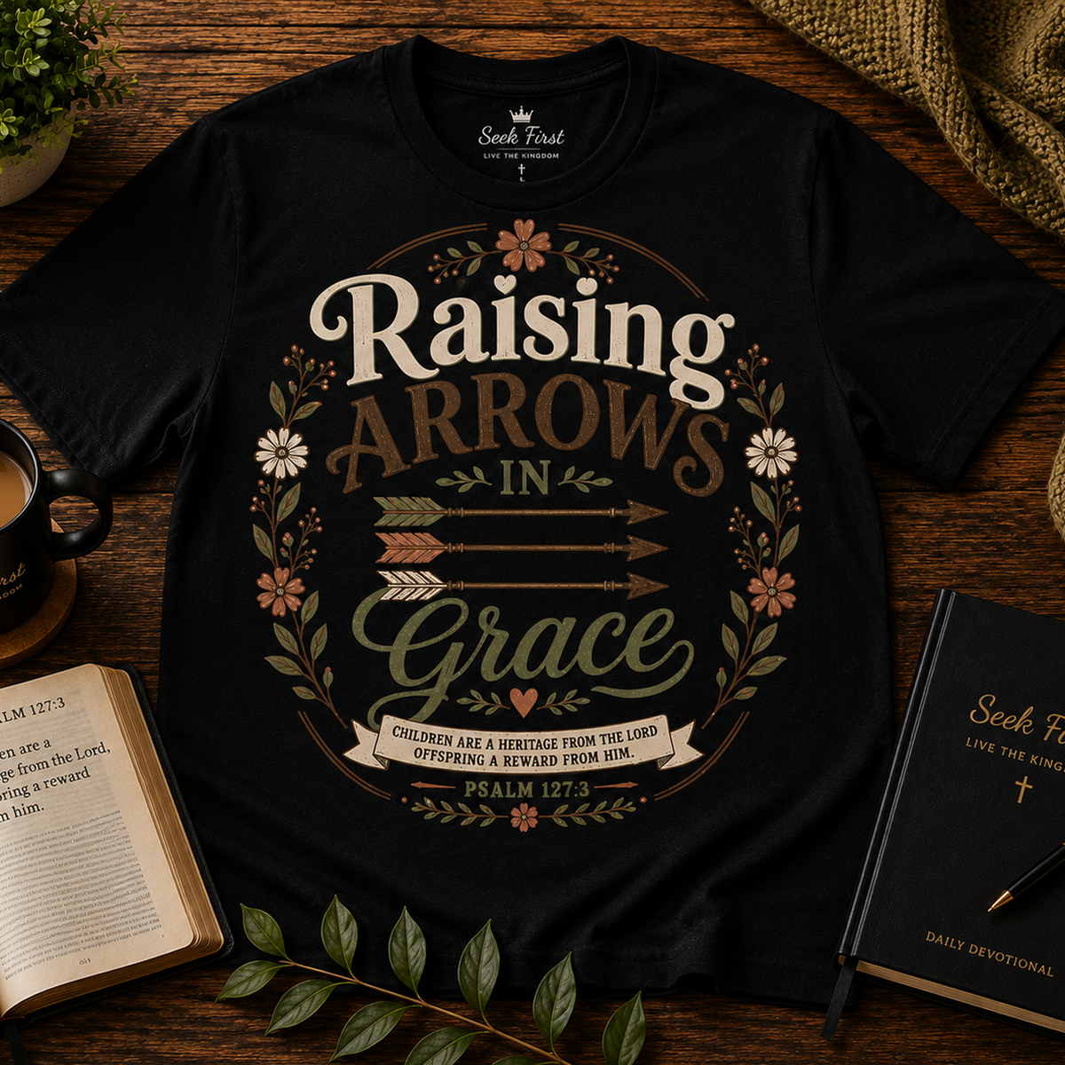 Raising Arrows in Grace Christian Mom T-shirt hero in Black