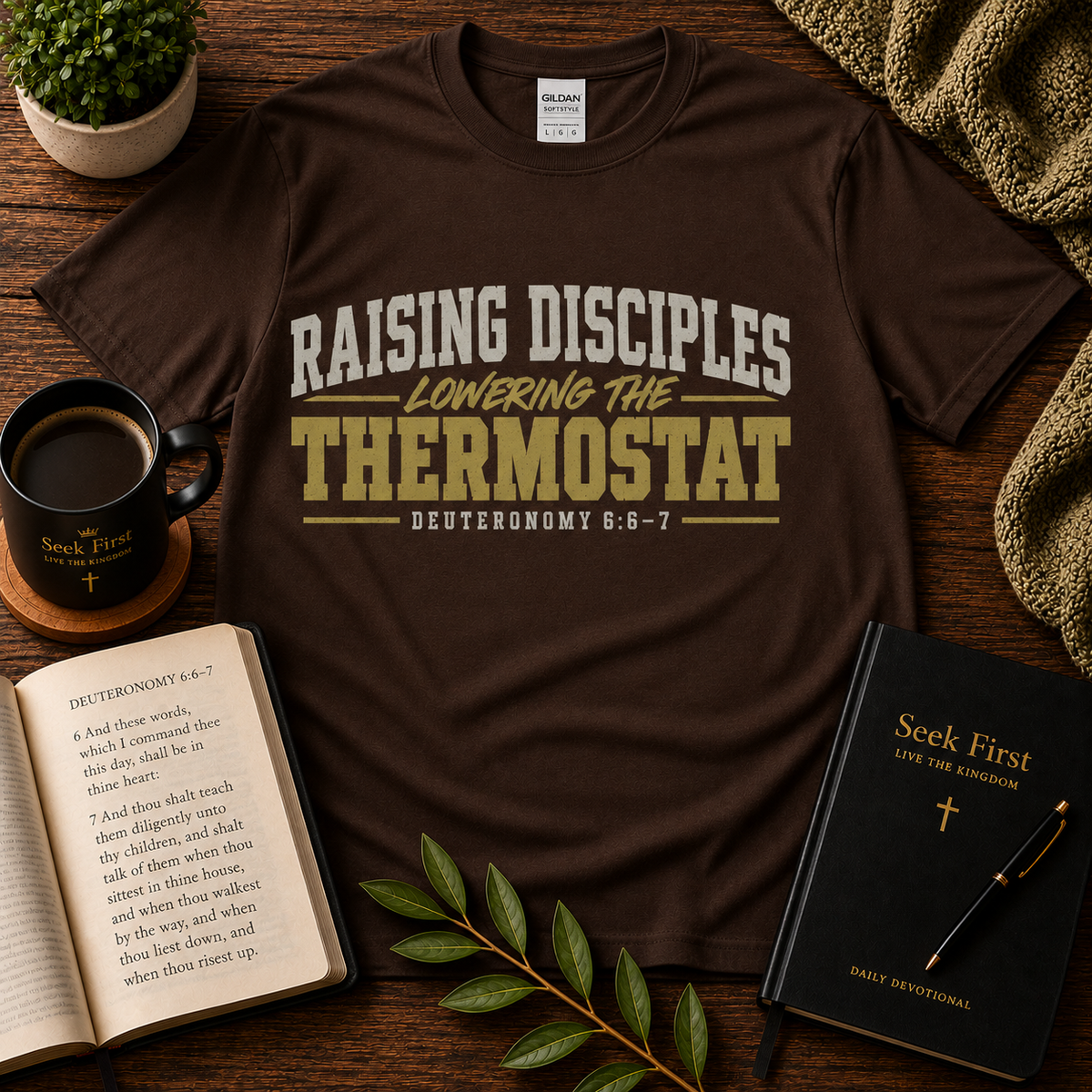 Raising Disciples, Lowering the Thermostat Christian T-Shirt in Dark Chocolate – Seek First