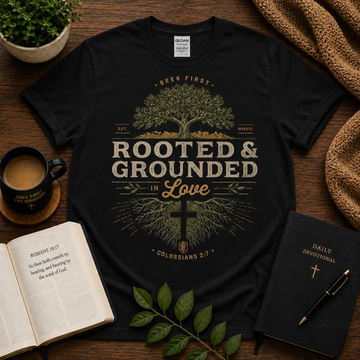 Rooted and Grounded in Love Christian T-Shirt on black Gildan 64000 — Seek First hero image
