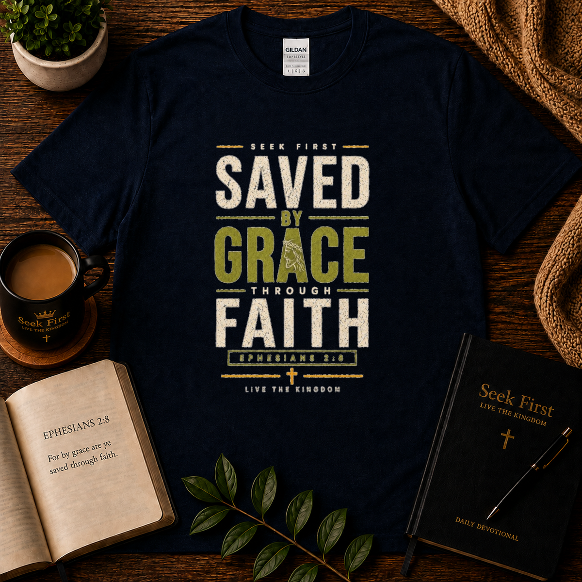 Saved by Grace Through Faith Ephesians 2:8 navy Christian T-shirt premium Seek First flat-lay