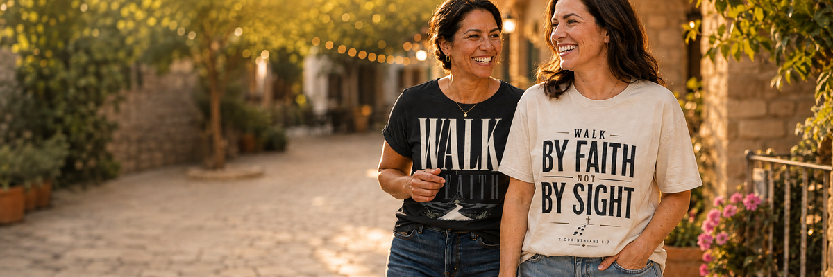 Two women wearing Seek First Walk by Faith Christian T-shirts outdoors