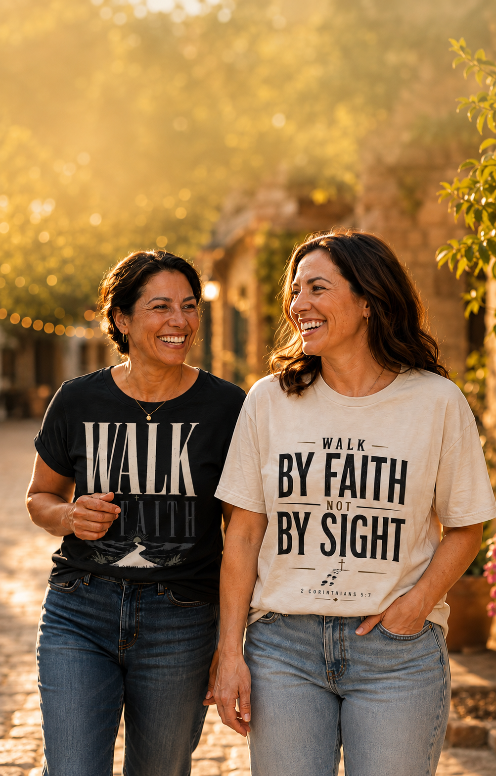 Two women wearing Seek First Walk by Faith Christian T-shirts outdoors