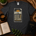 Dark Heather Seek First Morning Order Christian T-shirt in the Seek First devotional flat-lay