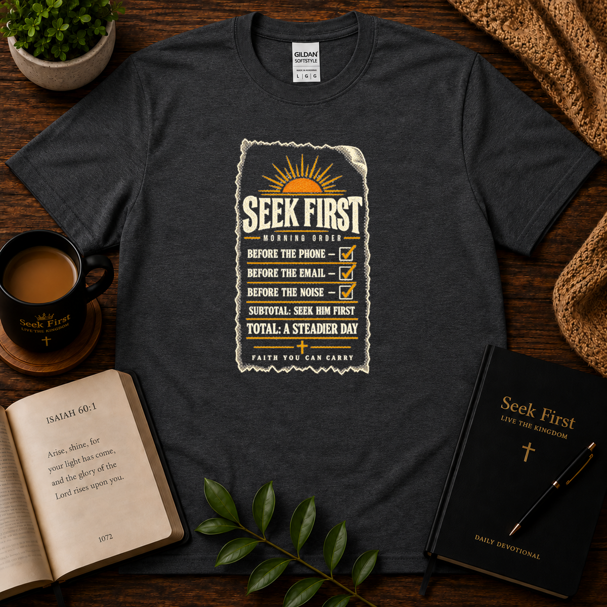 Dark Heather Seek First Morning Order Christian T-shirt in the Seek First devotional flat-lay