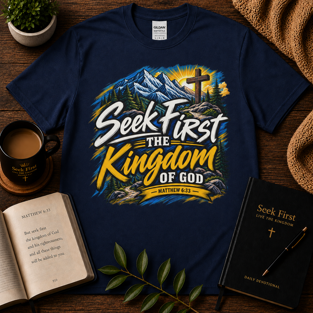 Seek First the Kingdom Matthew 6:33 Christian T-shirt in Navy