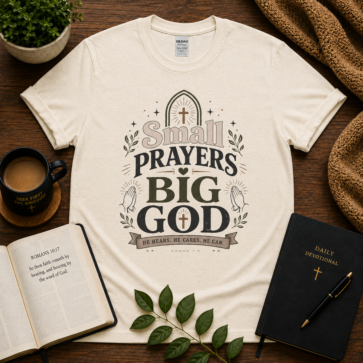 Small Prayers Big God Christian T-shirt hero image