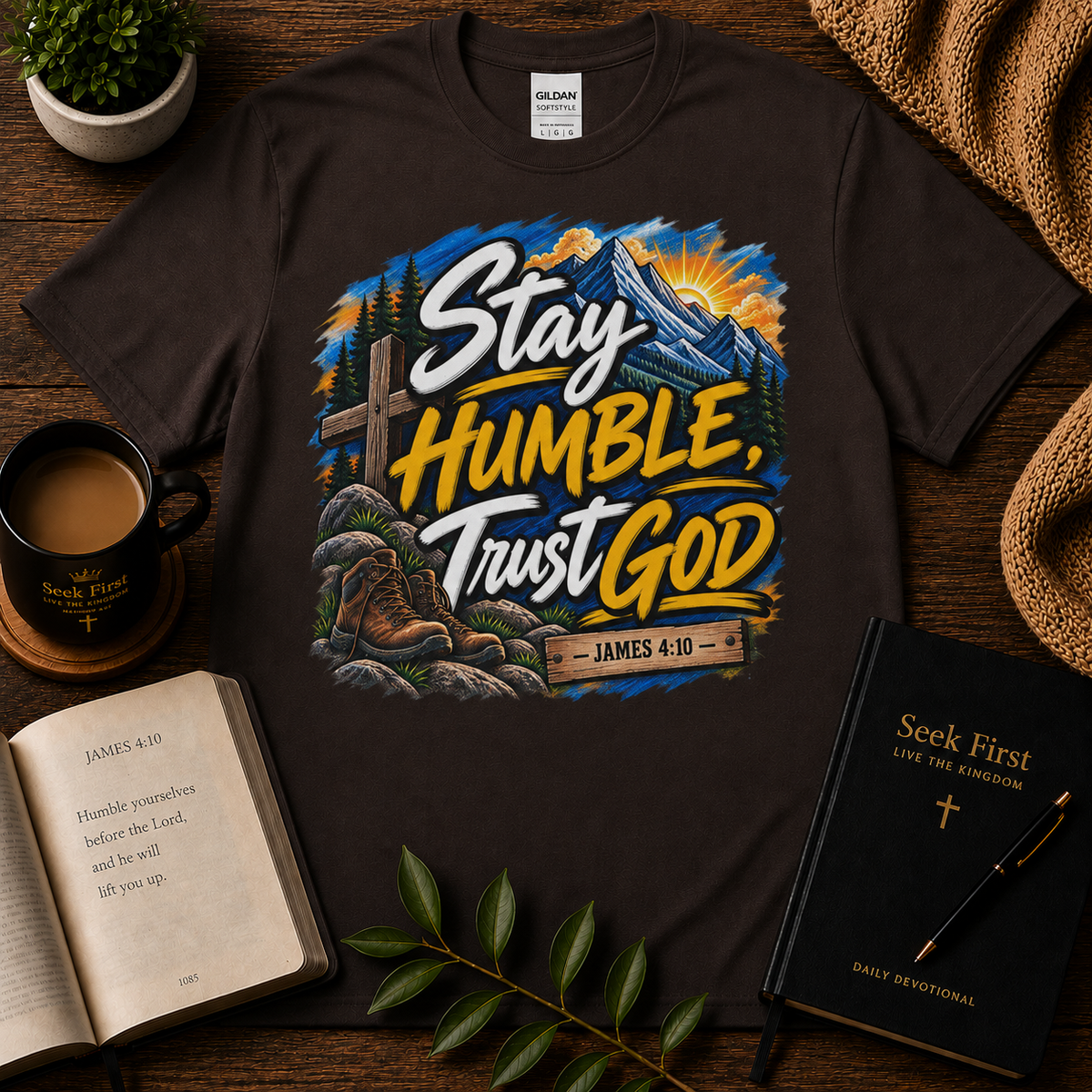 Stay Humble Trust God James 4:10 Christian T-shirt in Dark Chocolate