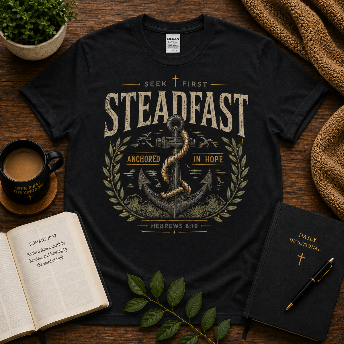 Steadfast Anchored in Hope Christian T-Shirt on black Gildan 64000 — Seek First hero image