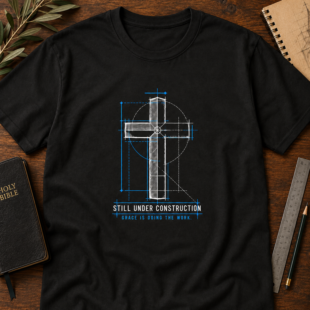 Still Under Construction Christian T-Shirt in black with blueprint cross design