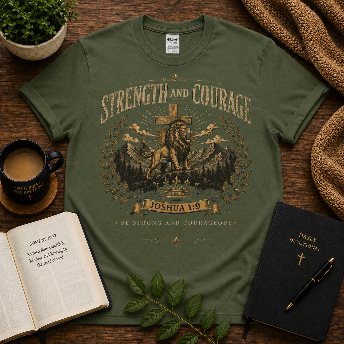 Strength and Courage Joshua 1:9 Christian T-shirt lifestyle hero image