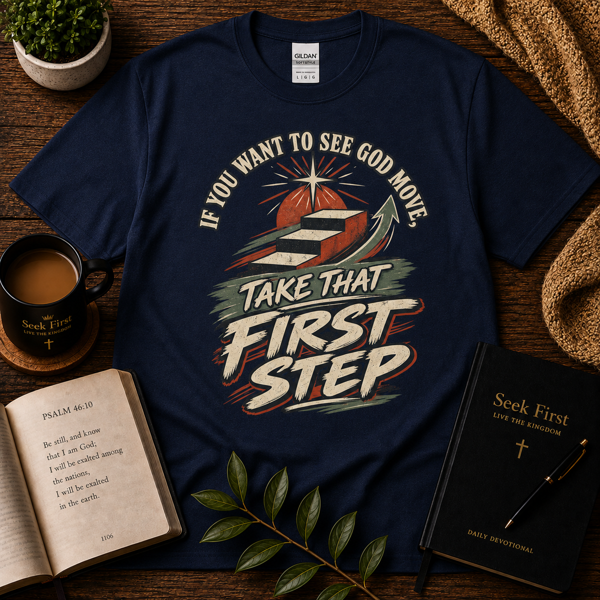 Take That First Step Christian T-Shirt in Navy — Seek First