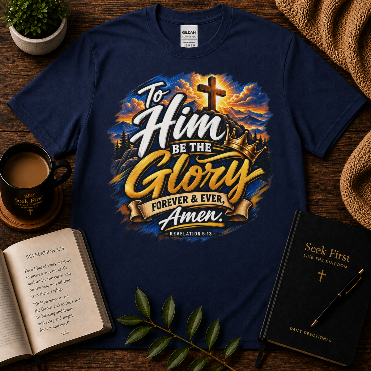 To Him Be the Glory Revelation 5:13 Christian T-shirt in Navy