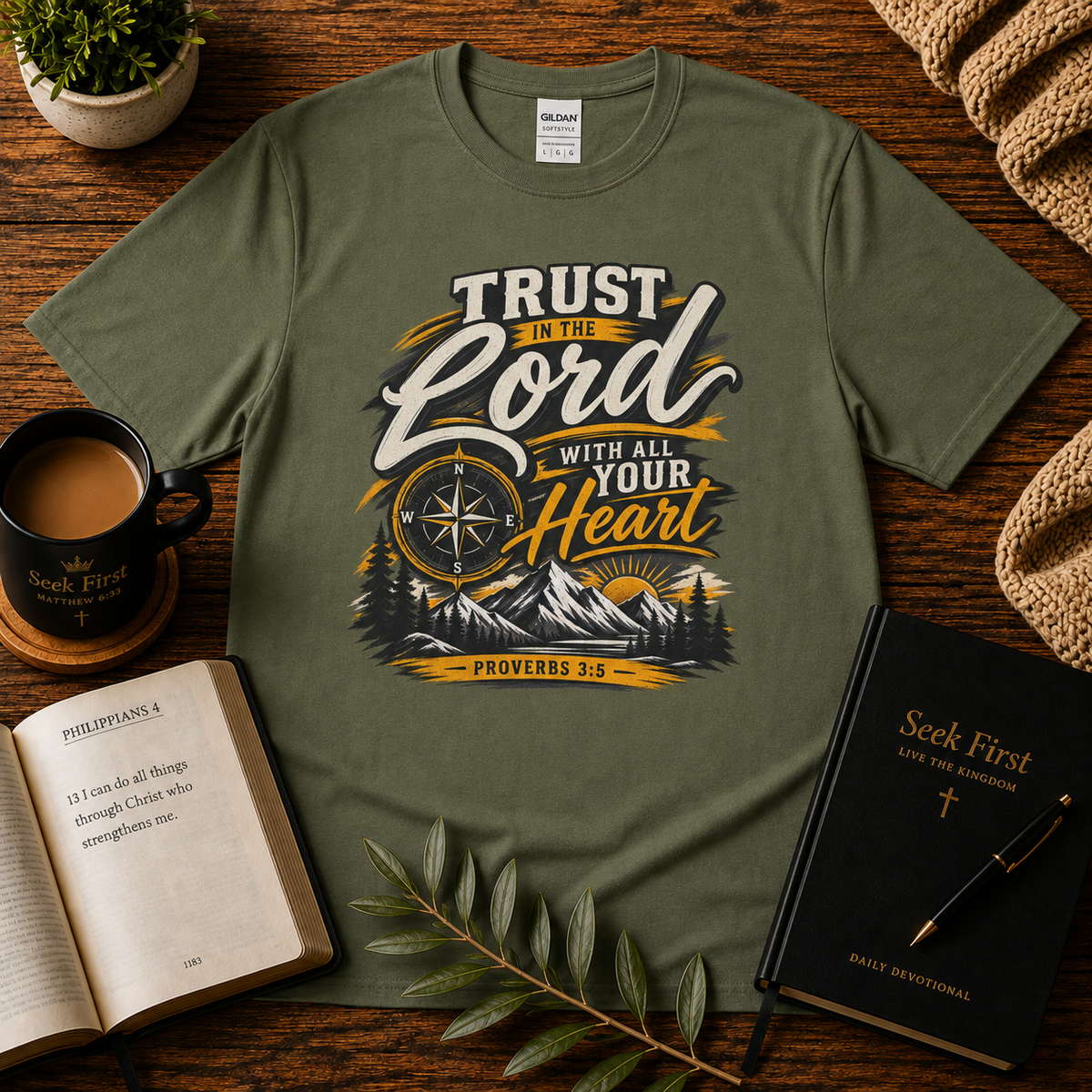 Trust in the Lord Christian T-shirt in Military Green featuring Proverbs 3:5