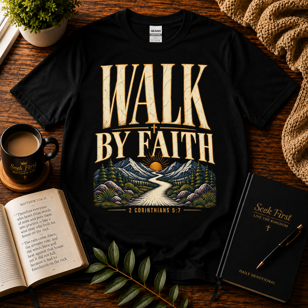 Walk by Faith Christian T-Shirt Seek First flat-lay hero