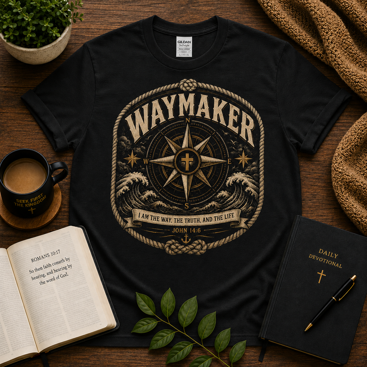 Waymaker Christian T-Shirt on black Gildan 64000 — Seek First hero image