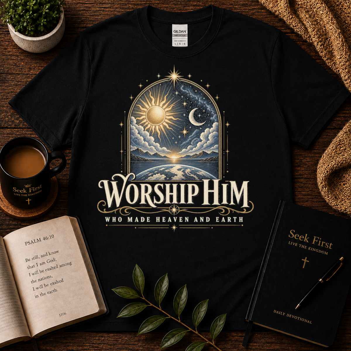 Worship Him Sun and Moon Christian T-Shirt — premium Seek First hero image